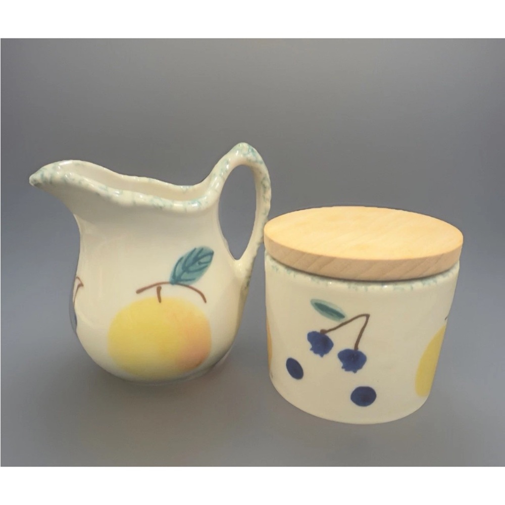 2pc Hartstone Pottery Fruit Salad Creamer and Sugar Jar Hand Painted Set of 2 - Picture 3 of 5
